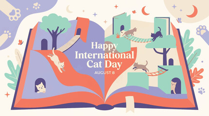 Obraz premium Happy International Cat Day August 8 greeting card, whimsical pop-up book illustration with playful kittens, feline adventure storybook vector