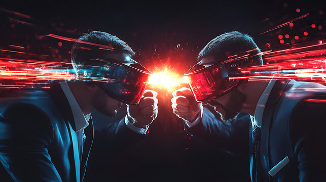 Two people wearing VR headsets boxing with energy impact in dark room