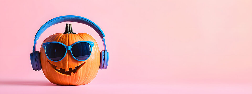 A Halloween pumpkin wearing glasses and headphones against a pink studio background