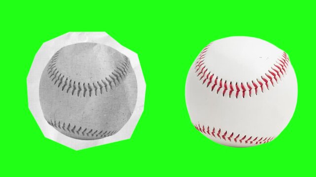 Torn paper stop motion animation reveal of official baseball balls isolated on chroma key green screen