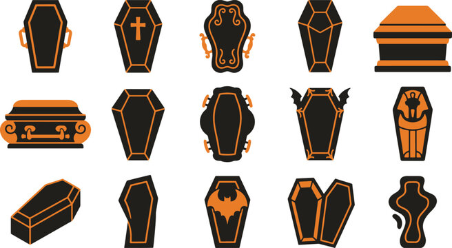 Collection of halloween coffins and tombstones in vector format with orange and black coloring