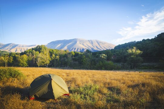 Gren tent standing suorunded by green pristine nature in Albania countryside. Wild camping in Balkans. Albania