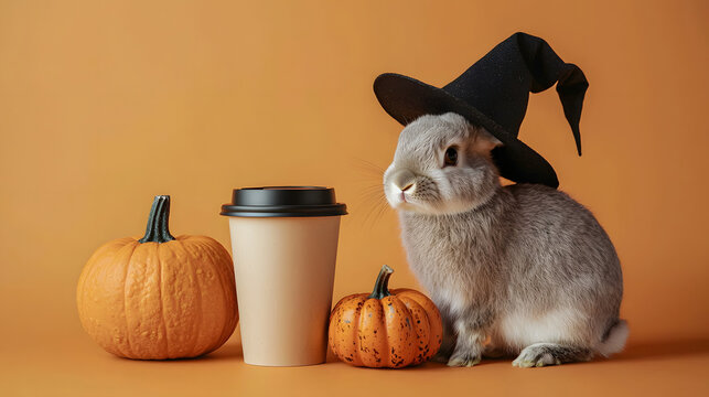 Takeaway coffee cup displayed beside a Halloween pumpkin and an adorable rabbit wearing a witch hat on an orange studio background, cozy autumn caf&eacute; and festive Halloween concept