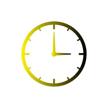 Yellow and black analog clock with hour and minute hands isolated on white background