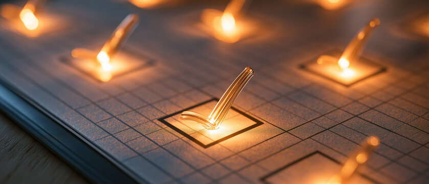 Checklist Triumph: A close-up shot captures a checklist with several boxes, each featuring a glowing checkmark. The illuminated checkmarks suggest a sense of completion, progress, and success.