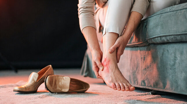 Person holding inflamed ankle shows pain and injury symptoms while seated indoors on beige couch.