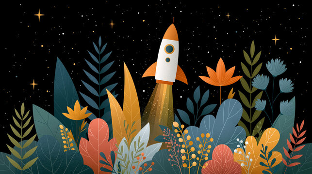 Rocket Launch into Wonder: A retro-style rocket blasts off amidst a vibrant, stylized forest under a starry night sky, symbolizing adventure and discovery.