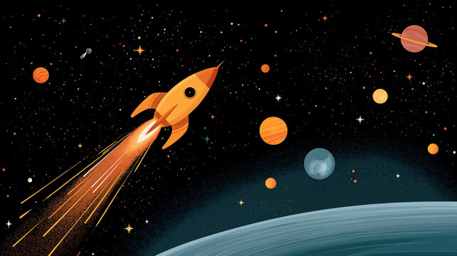 Space Rocket Launch: A vibrant illustration depicts a retro-style rocket soaring through the cosmos.