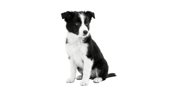 Adorable black and white Border Collie puppy sitting attentively on a clean white background