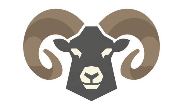 Minimalist graphic silhouette of a majestic ram head with symmetrical curved horns isolated on a white background, strength and leadership concept
