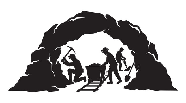 Miners working inside a rocky cave entrance black silhouette