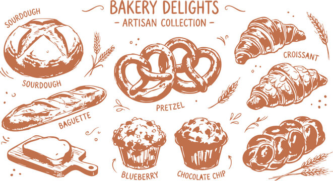 Set of hand drawn bakery items with sourdough bread baguette pretzel croissant muffins and toast isolated elements Vector