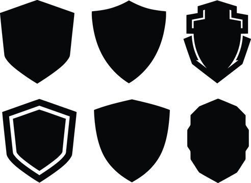Set of six different black shield icons isolated on a white background for security and protection design
