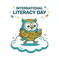Naklejka premium Cute Owl Student with Backpack Walking on Cloud Reading Book for International Literacy Day Illustration