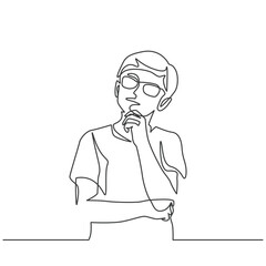 Young boy deep in thought with hand on chin. Child pondering ideas in minimalist continuous line art style.