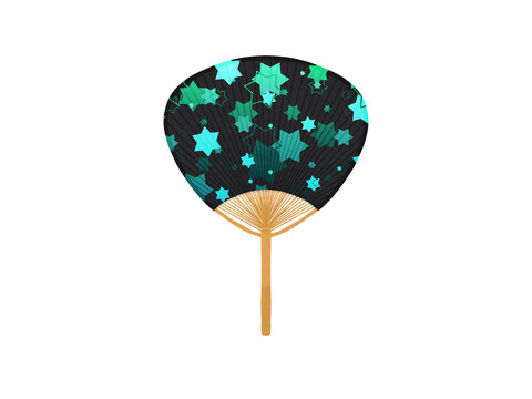 キラキラした緑色の六芒星が散りばめられたうちわ