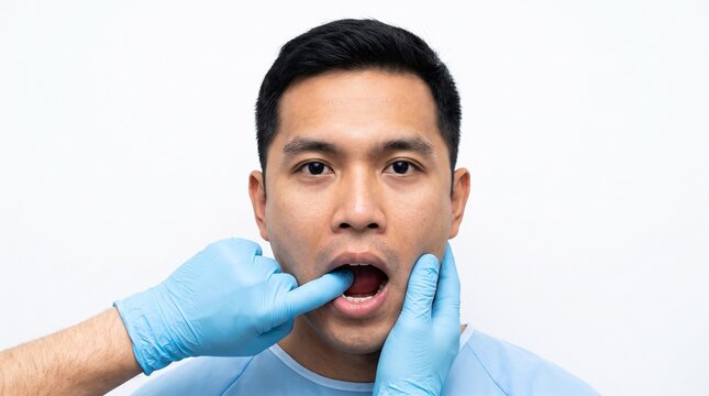 Doctor or Dentist Examining Male Patient with Lockjaw or TMJ Disorder Symptoms on White Clean Background with Copy space