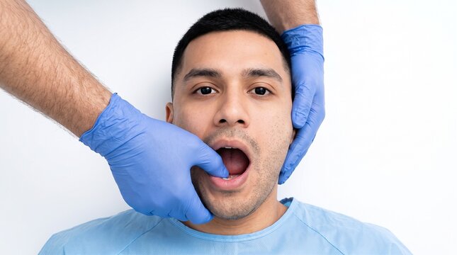 Doctor or Dentist Examining Male Patient with Lockjaw or TMJ Disorder Symptoms on White Clean Background with Copy space