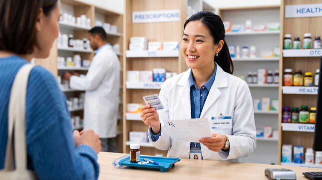 Smiling Asian female pharmacist hands ibuprofen and prescription to customer in modern pharmacy