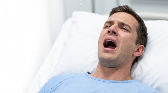 Examining Male Patient with Lockjaw or TMJ Disorder Symptoms on White Clean Background with Copy space