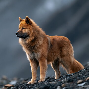 Alert Icelandic Sheepdog Standing Proud in Majestic Icelandic Landscape, Capturing Loyalty and Strength Amidst Dramatic Scenery