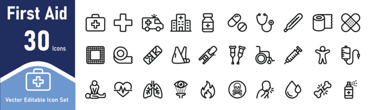Set of thirty medical first aid line icons representing healthcare equipment emergency supplies and safety health tools