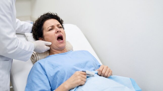 Patient with Lockjaw or TMJ Disorder Symptoms on White Clean Background with Copy space