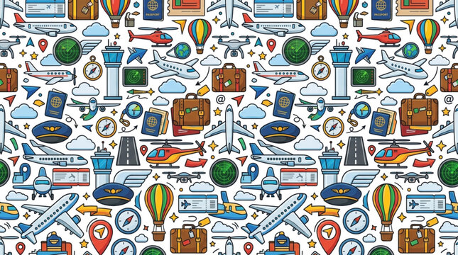 Colorful travel and adventure icons seamless pattern design.