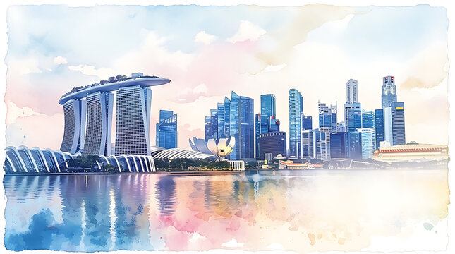 Artistic Singapore skyline with Marina Bay Sands in watercolor illustration style capturing a cityscape perfect for independence day celebrations