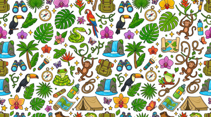 Colorful Tropical Jungle Pattern with Animals and Plants. © yuzong