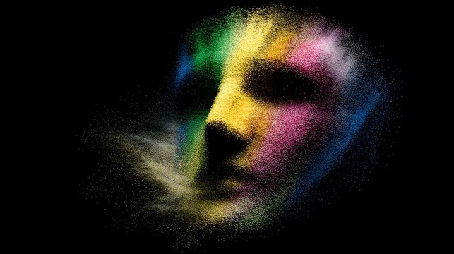 abstract face dissolving into particles and light fragments, transformation concept, vibrant colors