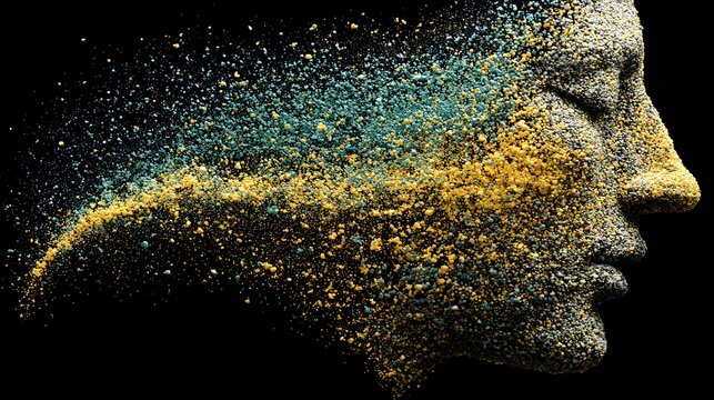 abstract face dissolving into particles and light fragments, transformation concept, vibrant colors
