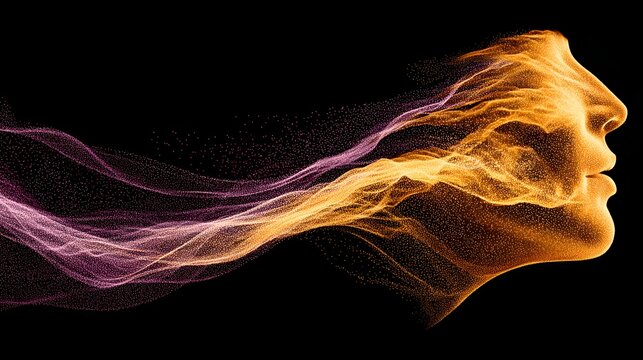 abstract face dissolving into particles and light fragments, transformation concept, vibrant colors