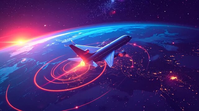 Airplane flying over Earth with digital data networks