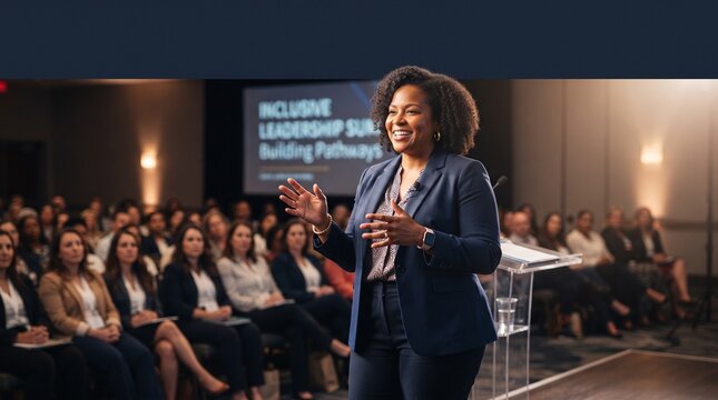 Plus-size woman giving a business presentation. Confident female speaker at a conference.