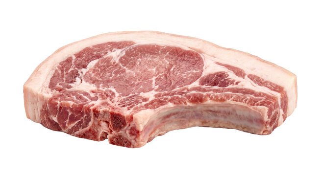 Raw pork chop with bone and fat layer, isolated on white background