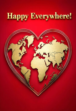 Golden world map inside a heart shape with happy everywhere text on red background