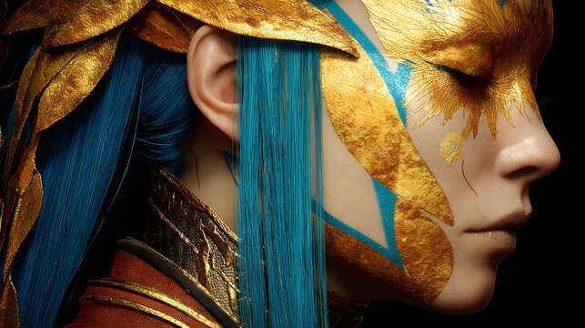 with half human half machine face, intricate metallic textures, dramatic lighting