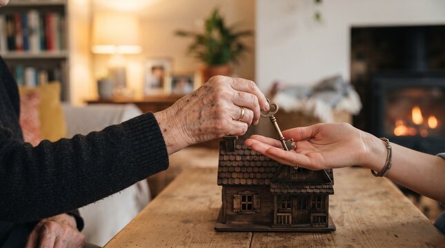 Senior hand passing house key to young person. Real estate agent handing over new home keys.