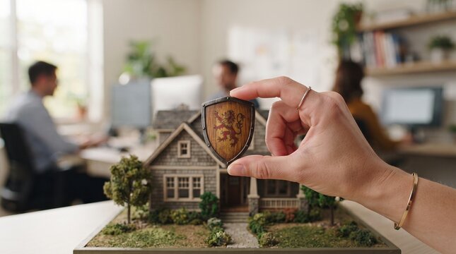 Hand holding a shield over a house model. Real estate insurance and home protection concept.