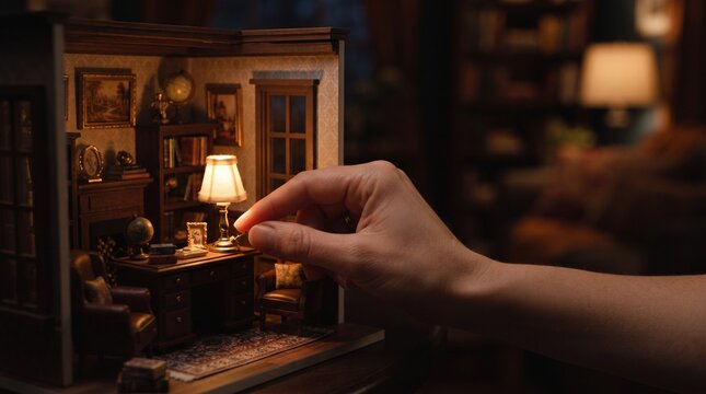 Hand turning on a tiny lamp in a dollhouse. Miniature room lighting with warm cozy glow.
