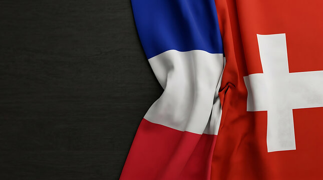 Closeup of the France flag and Switzerland flag side by side as national flags symbolizing partnership and independence day festivities