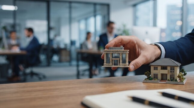 Hand holding bank model and house. Real estate investment and financial planning concept.