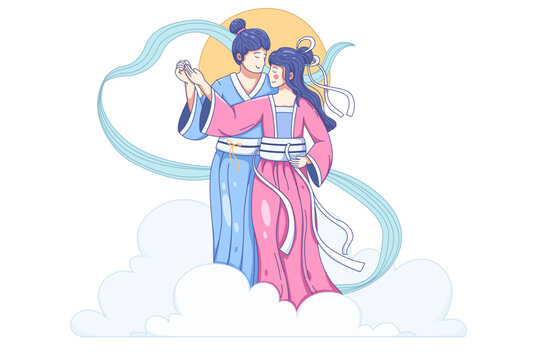 Qixi Festival celebration illustration with Traditional Chinese couple dancing beneath a full moon in elegant hanfu outfit
