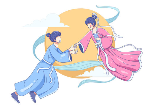 Romantic Qixi Festival celebration, featuring a traditional Chinese couple floating and reaching out to each other under the full moon