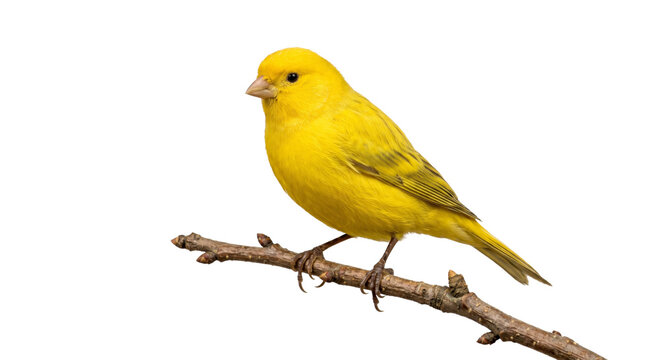 Vibrant yellow canary perched on a bare tree branch against a white background