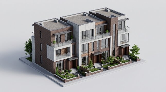 3D isometric townhouses on gray background. Modern residential architecture building model.