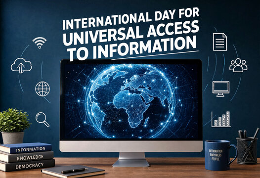 Modern workspace setup celebrating international day for universal access to information with digital globe