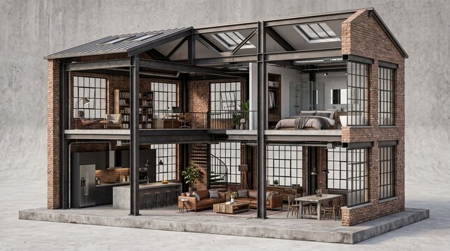 3D cutaway of an industrial loft house. Modern architectural cross section of a home.