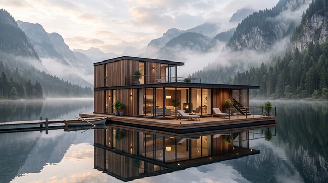 Modern floating house on a calm lake. Luxury wooden cabin villa in misty mountain landscape.